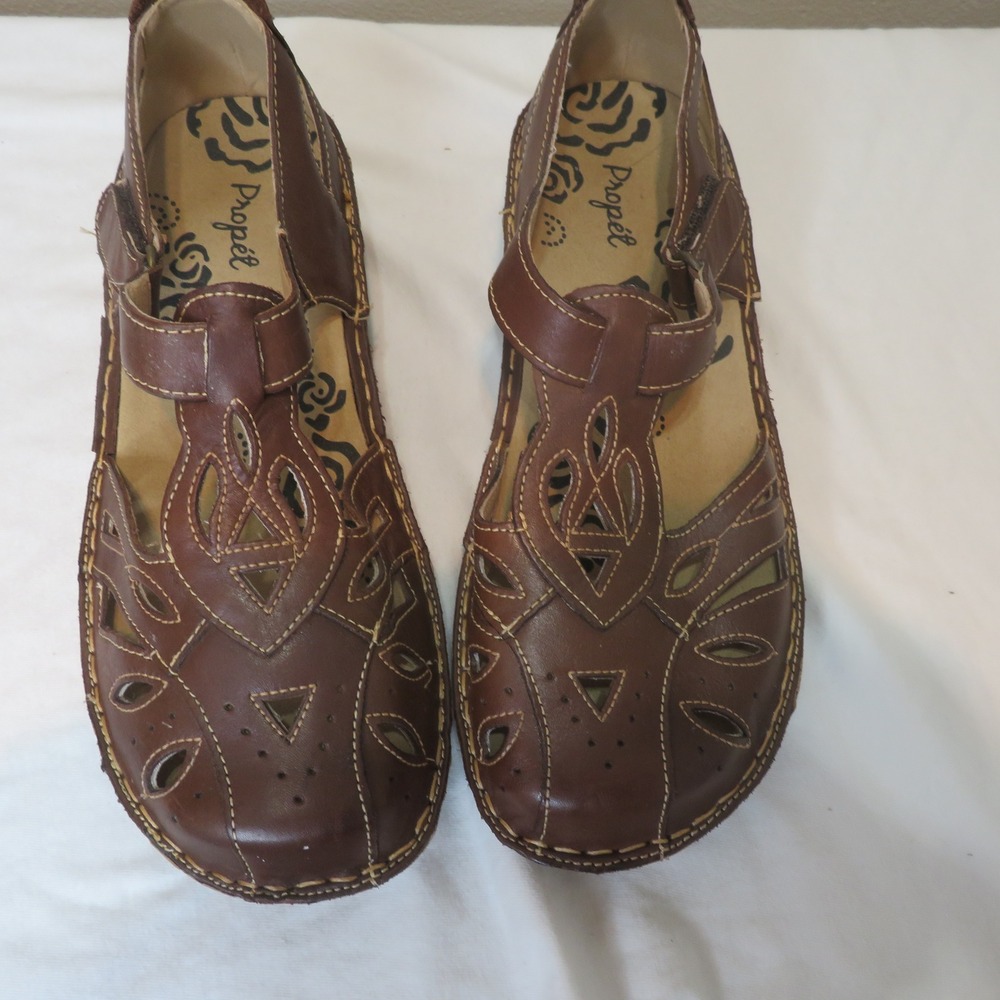 Propet Brown Leather Cutout Comfort Sandals Womens 7.5 X Wide 2E WSA003L